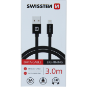Dátový kábel opletený Swissten USB/Lightning (8 pin) 3.0A, 3.0m čierny