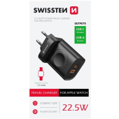SWISSTEN Travel Charger, 1xUSB-A, 1xUSB-C a Apple Watch, 22.5W, sieťová nabíjačka, čierna
