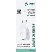 iPEAX GaN sieťová nabíjačka 45W, USB-C 45W + USB-A 18W, biela