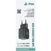iPEAX GaN sieťová nabíjačka 45W, USB-C 45W + USB-A 18W, čierna