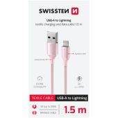 SWISSTEN TEXTILE II USB-A/Lightning 30W 3A 1,5m ružový