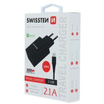 Sieťová nabíjačka Swissten Smart IC 2 x USB + USB-C kábel 2.1A 10,5W čierna