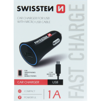 Autonabíjačka Swissten + kábel Micro USB 1.A, 5W čierna