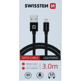 Dátový kábel opletený Swissten USB/Lightning (8 pin) 3.0A, 3.0m čierny