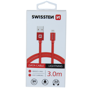 Dátový kábel opletený Swissten USB/Lightning (8 pin) 3.0A, 3.0m červený