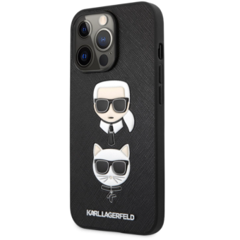Silikónové puzdro Karl Lagerfeld na Apple iPhone 13 Pro KLHCP13LSAKICKCBK Saffiano Karl and Choupette Heads čierne