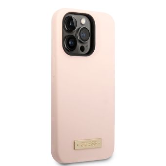 Silikónové puzdro Guess na Apple iPhone 14 Pro Max GUHMP14XSBPLP Silicone Metal Logo MagSafe ružové