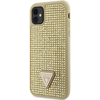 Plastové puzdro Guess na Apple iPhone 11 GUHCN61HDGTPD Rhinestones Triangle Metal Logo zlaté