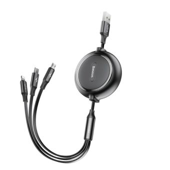 Kábel navíjací Baseus 3v1 Golden Loop USB-A/Micro USB/Lightning (8pin)/USB-C 1,2m 3,5A - čierny
