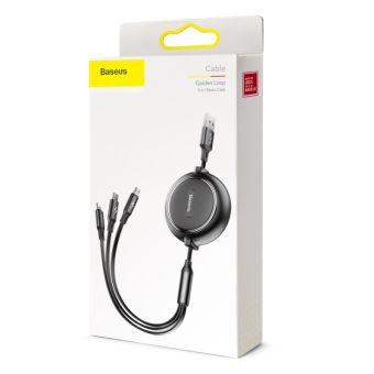 Kábel navíjací Baseus 3v1 Golden Loop USB-A/Micro USB/Lightning (8pin)/USB-C 1,2m 3,5A - čierny