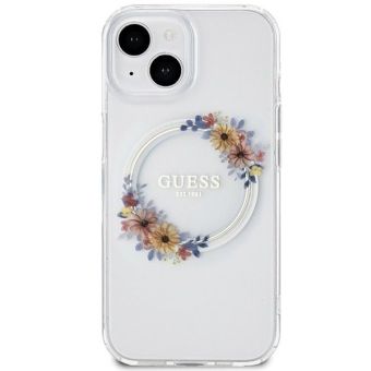 Plastové puzdro Guess na Apple iPhone 15 GUHMP15SHFWFCT Flowers Ring Glossy Logo MagSafe transparentné