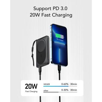 VEGER 10000 mAh s indukčným nabíjaním kompatibilná s MagSafe PD QC3.0 2A 20W MagOn (VP1151/W1151) čierna