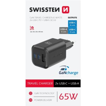 SWISSTEN GaN Travel Charger 2xUSB-C 65W PD + 1xUSB-A 30W QC čierna