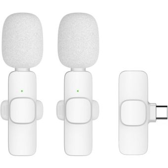 K9 bezdrôtová sada Lavalier mikrofónov pre smartfón, USB-C (2 v sete), biela + clona proti vetru