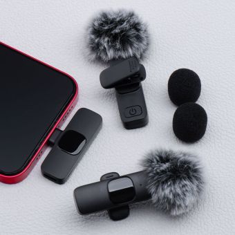 K9 bezdrôtová sada Lavalier mikrofónov pre smartfón, USB-C (2 v sete), čierna + clona proti vetru
