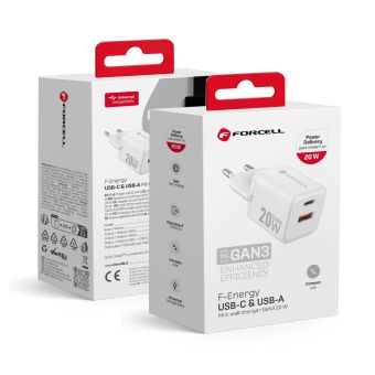FORCELL F-ENERGY Mini GaN III VT-35A travel charger with 1 x Type C  Plus 1x USB A sockets, PD QC4.0 20W white