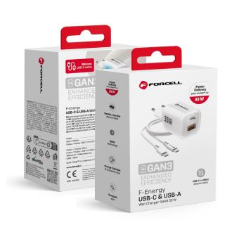 Forcell F-Energy GaN III Crystal Color VT-41, USB-C/USB-A, PD QC4.0 33W + USB-C kábel, biela