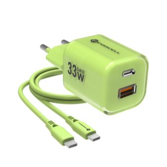 Nabíjačka Forcell F-Energy GaN III (USB-C,USB-A)PD;QC4.0 33W  Plus USB-C kábel - limetková