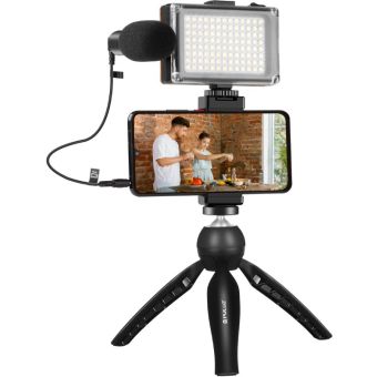 Puluz PKT3132B, držiak na statív + LED lampa + mikrofón + svorka na telefón, čierny