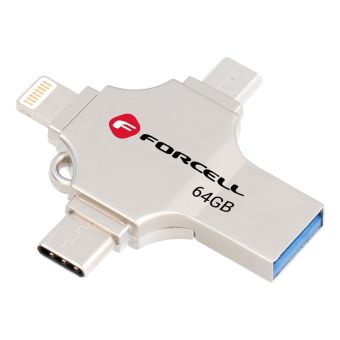 FORCELL F-DATA pendrive Metal Quad 64GB USB3.2 Gen 1 (USB A / Type C / Lightning / Micro USB) silver