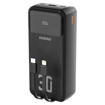 Dudao K15MAX, 30000mAh PD 22.5W, vstavané káble (USB-C, Lightning), čierna