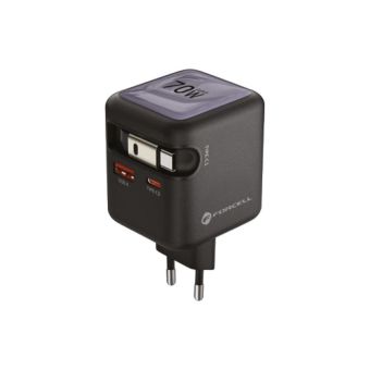 FORCELL F-ENERGY GaN III VT-R7 travel charger with retractable cable Type C and 1x Type C, 1x USB A charging ports PD QC4.0 3A 70W gray