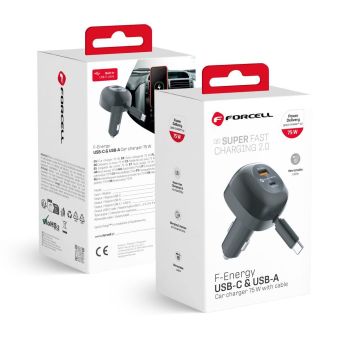 FORCELL F-ENERGY Alu car charger with retractable cable Type C and Type C  Plus USB A sockets PD QC4.0 SFC2.0 3A 75W black