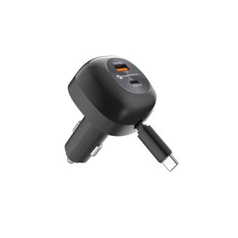 FORCELL F-ENERGY Alu car charger with retractable cable Type C and Type C  Plus USB A sockets PD QC4.0 SFC2.0 3A 75W black