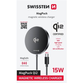 SWISSTEN MagPuck Qi2, bezdrôtová nabíjačka, 15W, 1.5m (MagSafe kompatibilná), čierna