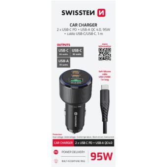 SWISSTEN CL adaptér 95W, 2xUSB-C PD, 1xUSB-A + kábel USB-C, čierny
