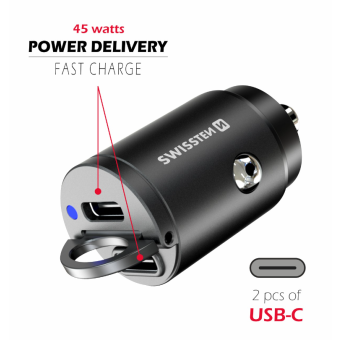 SWISSTEN Nano CL, PD 45W, 2x USB-C, čierna (Bulk)