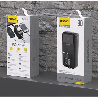Dudao K15 Max Powerbank, 30000mAh PD 22.5W, vstavané káble USB-C/Lightning, čierna