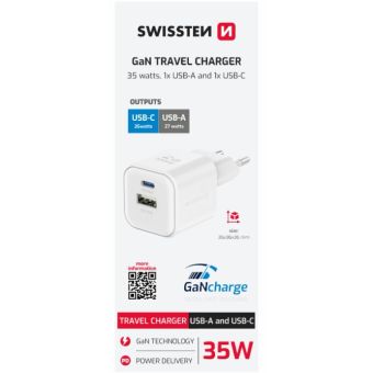 SWISSTEN Adaptér GaN 1x USB-C 35W + USB-A 27W biely