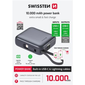 Swissten Space PowerBank 10000 mAh, 22.5W integrované káble (USB-C, Lighting), strieborná