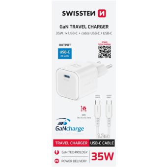 SWISSTEN GAN 1xUSB-C 35W PD + USB-C/USB-C kábel 1.2m, biela