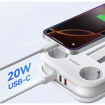 Orico AP3 20W GaN 5in1 Power Strip, 2xAC + 2xUSB-A + 1xUSB-C, biela
