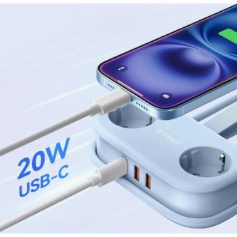 Orico AP3 20W GaN 5in1 Power Strip, 2xAC + 2xUSB-A + 1xUSB-C, modrá