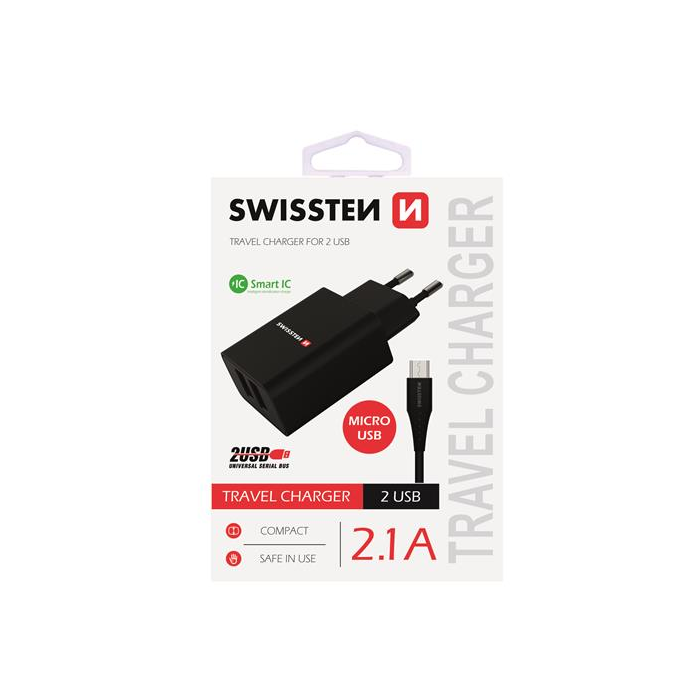 Sieťový adaptér Swissten Smart IC 2x USB 2,1 + dátový kábel USB/micro USB 1,2 m čierny 