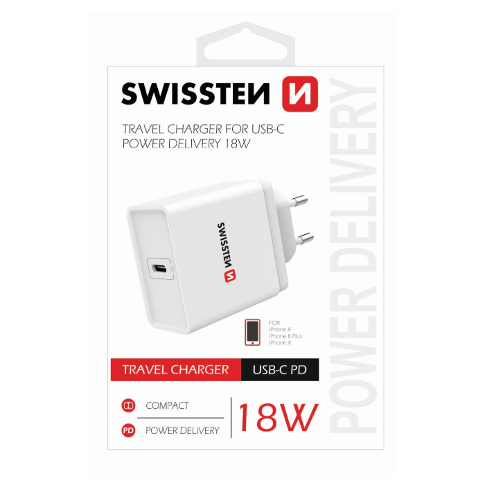 Swissten Cestovná nabíjačka USB C 18W biela