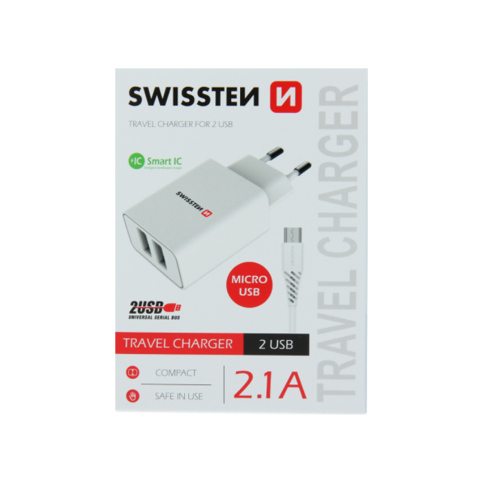 Nabíjačka Swissten Smart IC 2 x USB + Micro Usb kábel, 2.1A, 10,5W - biela