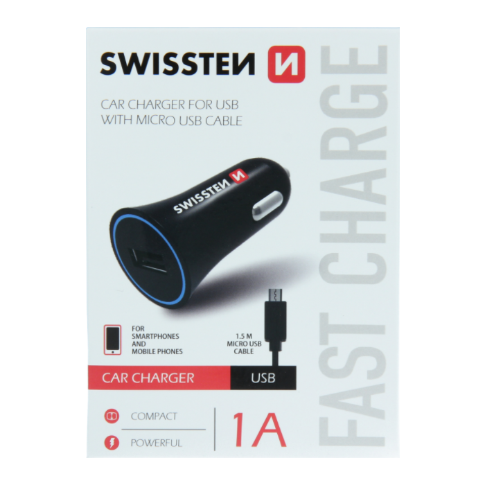 Autonabíjačka Swissten + kábel Micro USB 1.A, 5W čierna