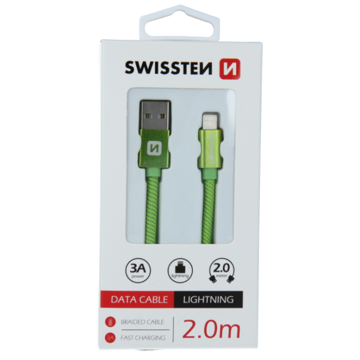 Dátový kábel opletený Swissten USB/Lightning (8 pin) 3.0A, 2.0m zelený