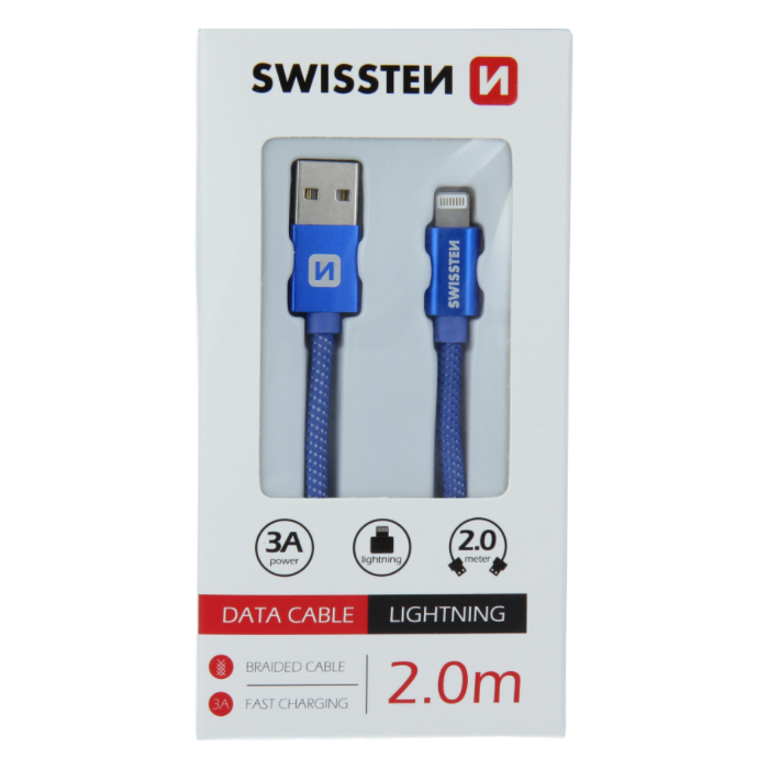 Dátový kábel opletený Swissten USB/Lightning (8 pin) 3.0A, 2.0m modrý