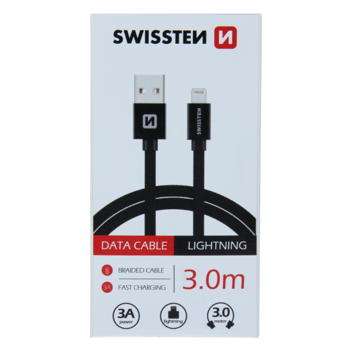 Dátový kábel opletený Swissten USB/Lightning (8 pin) 3.0A, 3.0m čierny