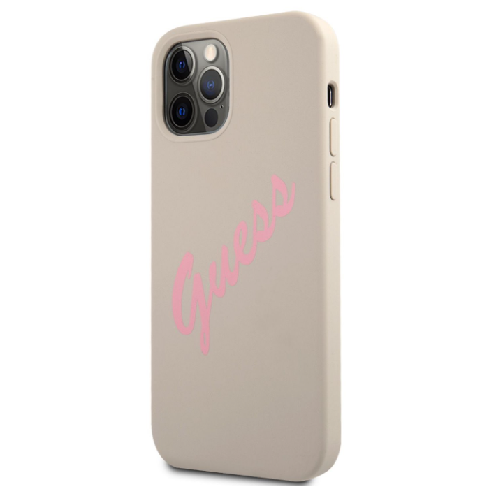 Puzdro Guess GUHCP12SLSVSGP na Apple iPhone 12 mini Silicone Vintage Pink Script sivé