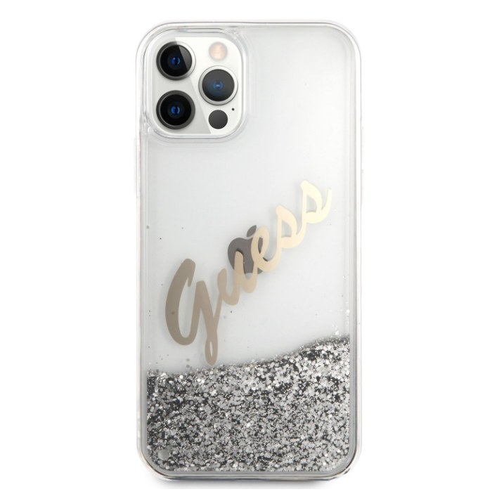 Puzdro Guess na Apple iPhone 12 Pro Max 6.7 GUHCP12LGLVSSI Glitter Vintage strieborné
