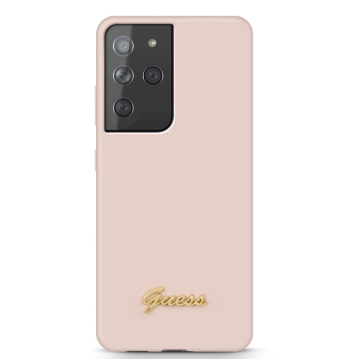 Puzdro Guess GUHCS21LLSLMGLP na Samsung Galaxy S21 Ultra 5G Silicone Metal Logo Script ružové