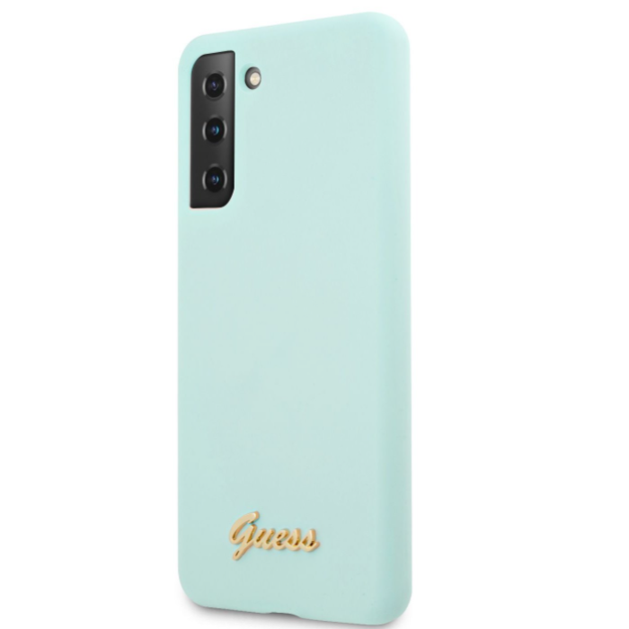 Puzdro Guess GUHCS21LLSLMGLB na Samsung Galaxy S21 Ultra 5G Silicone Metal Logo Script modré 