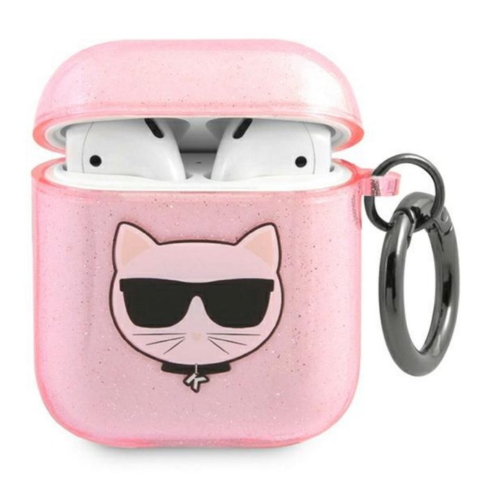 Obal na Airpods 1/2 Karl Lagerfeld Glitter Choupette Heads KLA2UCHGP ružové