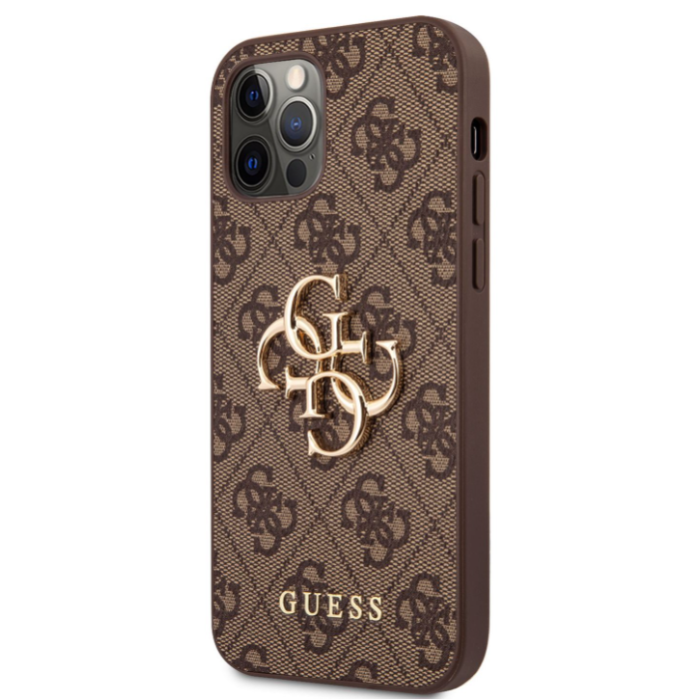 Plastové puzdro Guess na Apple iPhone 12/12 Pro GUHCP12M4GMGBR 4G Metal Logo hnedé